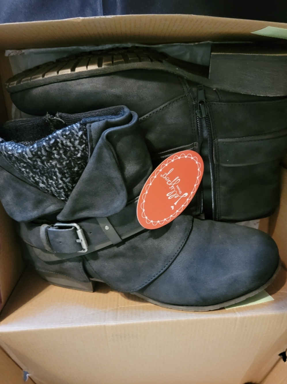 Jellypop Black Fold-Over Ankle Boots with Knit Cuff and Buckle
